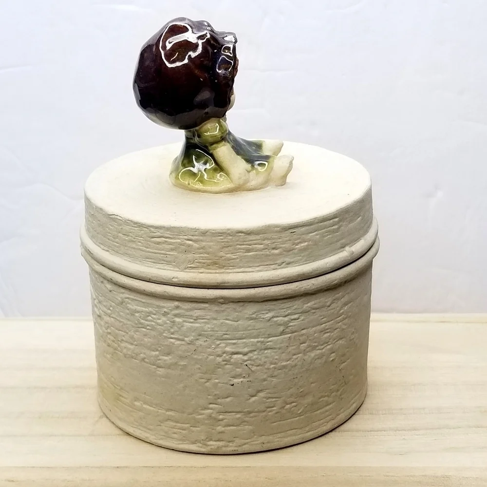 Vintage Unique Stoneware Round Textured Trinket With Girl Figurine on the Lid